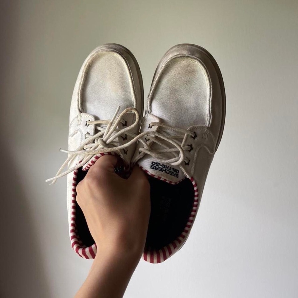 Canvas Lace-Up Flats in Off-White with Striped Trim stain on right shoe, 
M